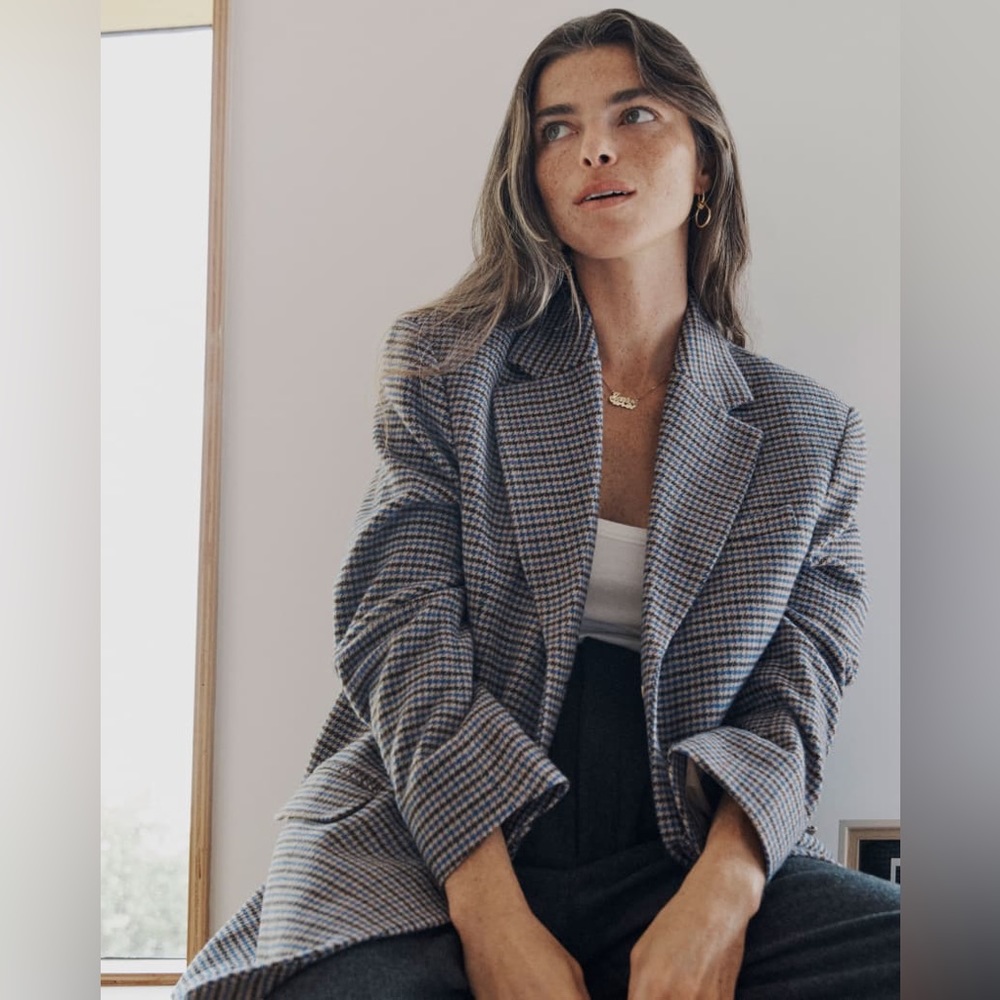 Everlane The ReWool 80s Blazer Oversized Houndstooth Brown & Blue Size 0 NWT